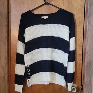 Its Our Time navy and ivory wide striped sweater with cute lacing detail.